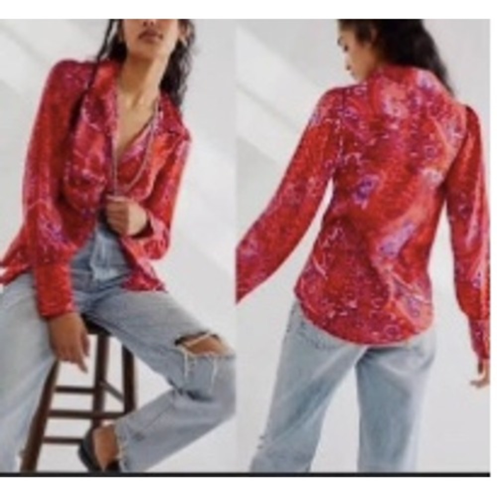 Free People Bianca Printed Blouse Top Women XS Red Mixed Paisley Leopard Ruched